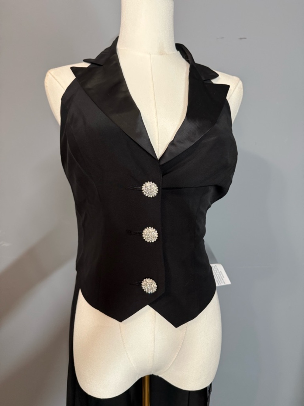 Mac Duggal Black Satin-Trim Halter Jumpsuit with Decorative Buttons- NWT